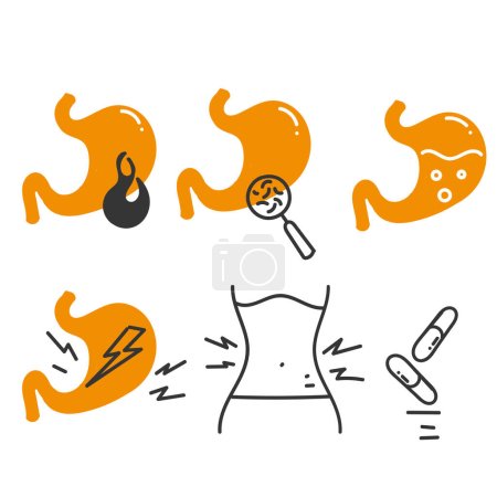 Téléchargez les illustrations : Illustration d'icône liée aux troubles gastriques de doodle dessinés à la main - en licence libre de droit