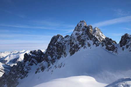Photo for Winter landscape of alpine snowy mountain peaks near St Anton ski resort, Tyrolean Alps, Arlberg, Austria - Royalty Free Image