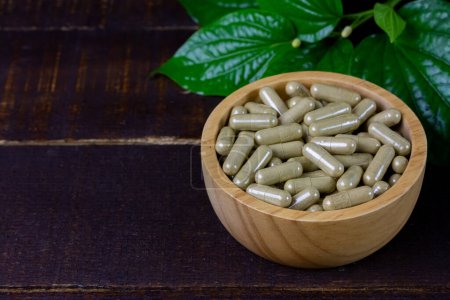 Piper sarmentosum or Wildbetal leafbush capsule in wooden bowl with green leaf on rustic wooden background.