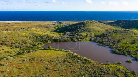 Téléchargez les photos : Paysage aérien sur les collines et le lac au-dessus de l'île caribéenne de Curaçao - en image libre de droit
