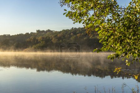 Téléchargez les photos : Belle vue sur un lever de soleil brumeux sur le lac - en image libre de droit