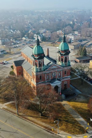 Photo for Chatham, Ontario, Canada- June 3, 2022: An aerial vertical of St Josephs Church in Chatham, Ontario, Canada - Royalty Free Image