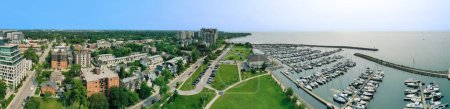 An aerial panorama scene of the Bronte area of Oakville, Ontario, Canada