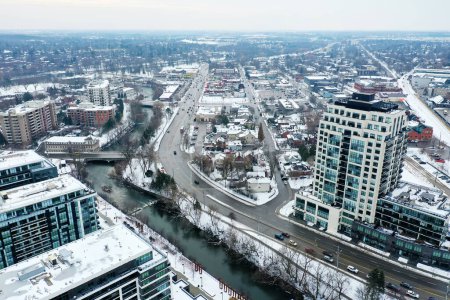 An aerial view of Guelph, Ontario, Canada in winter