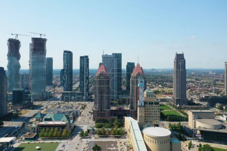 An aerial cityscape scene of Mississauga, Ontario, Canada