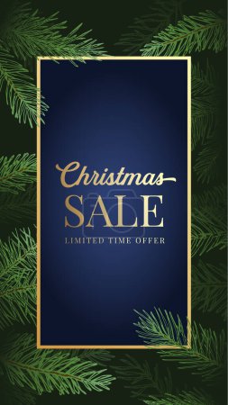 Illustration for Christmas Sale Promo Vector Advertising Social Media Stories Template. Pine Branches Background with Text Copy Space and Typography. Winter Holidays Social Network Decoration Template - Royalty Free Image