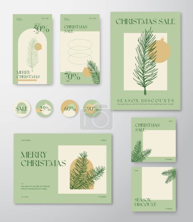 Illustration for Christmas Social Media Advertising Editable Templates Set. Pine Branch, Bauble, Typography for Social Networks Stories Highlights and Posts Backgrounds. Boho Holiday Greeting Cards or Banners - Royalty Free Image