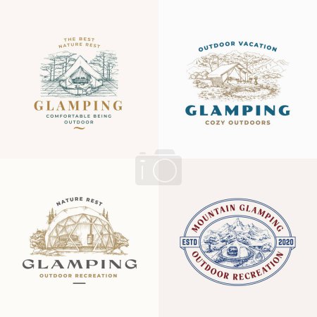 Illustration for Glamping Recreation Retro Logo Templates Set. Hand Drawn Comfortable Outdoor Tent Landscape Scenery with Typography. Nature Rest Sketch Emblems Collection. Isolated - Royalty Free Image