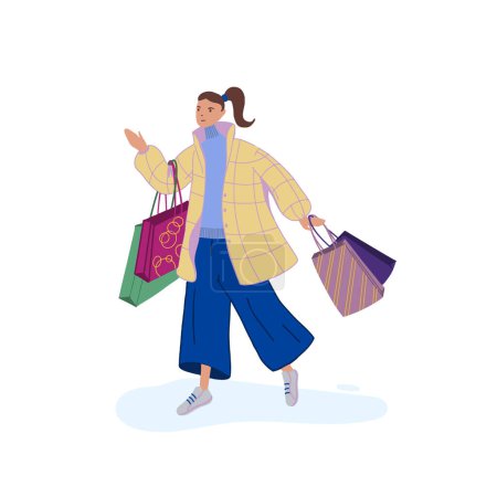 Illustration for Happy young woman walking and carrying shopping bags with Christmas gifts. Girl with New Year presents for winter holidays. Flat vector illustration. Isolated - Royalty Free Image
