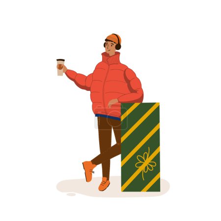 Illustration for Happy young man drinking coffee near big wrapped Christmas gift box. Boy with New Year present for winter holidays. Flat vector illustration. Isolated - Royalty Free Image
