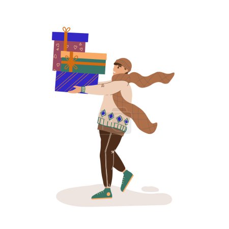 Illustration for Merry young man walking and carrying a stack of wrapped Christmas gift boxes. Boy with New Year presents for winter holidays. Flat vector illustration. Isolated - Royalty Free Image