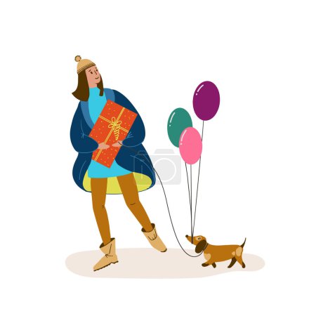 Illustration for Happy young woman walking with her dog and carrying Christmas gift box with balloons. Girl with New Year present for winter holidays. Flat vector illustration. Isolated - Royalty Free Image