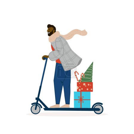 Illustration for Merry young man riding scooter and carrying a stack of wrapped Christmas gift boxes with little pine tree. Boy with New Year presents for winter holidays. Flat vector illustration. Isolated - Royalty Free Image