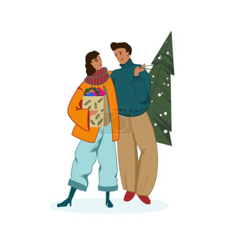 Illustration for Happy young couple carrying shopping bag with Christmas gifts and pine tree. Merry woman and man with New Year presents for winter holidays. Flat vector illustration. Isolated - Royalty Free Image