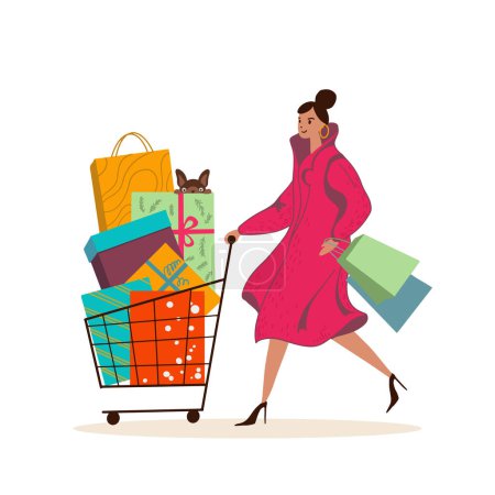 Illustration for Happy young woman walking and carrying shopping cart and bags with Christmas gifts. Girl with her dog and New Year presents for winter holidays. Flat vector illustration. Isolated - Royalty Free Image