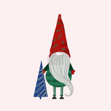 Illustration for Scandinavian Christmas gnome with Christmas tree holiday greeting drawing. New Year celebration character with present for winter holidays. Flat vector illustration. Isolated - Royalty Free Image