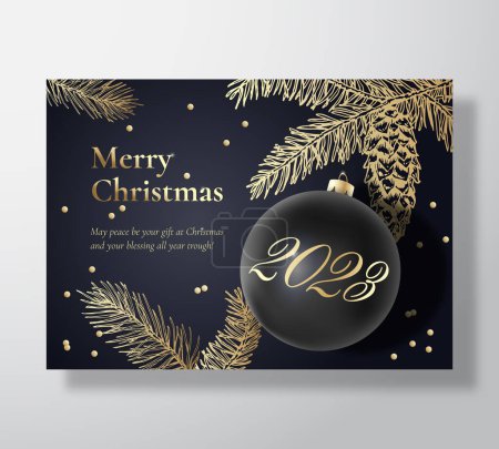 Illustration for Merry Christmas Abstract Vector Greeting Card, Poster or Holiday Background. Classy Black and Gold Colors, Glitter Tinsel and Typography. Xmas Ball with Soft Shadows and Sketch Fir-needles, Strobile - Royalty Free Image