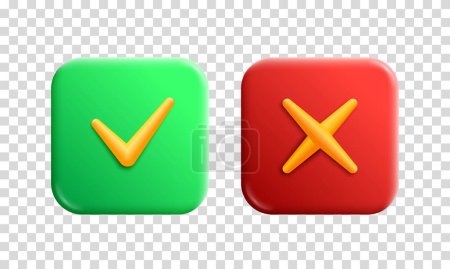 Illustration for Accept and reject vector 3d render buttons. Tick check and cross marks app icons with transparent background. Rounded rectangle shapes for web and mobile applications. Yes and no graphic symbols - Royalty Free Image