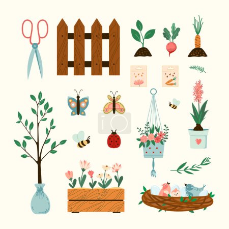Illustration for Spring home gardening illustrations set. Vector plants, flowers and birds nest seasonal flat style collection. Isolated - Royalty Free Image