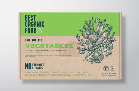 Téléchargez les illustrations : Organic Vegetables. Vector Packaging Label Design on a Craft Cardboard Box Container. Modern Typography and Hand Drawn Herbs, Seasonings, Mushrooms and Vegetables Background Layout - en licence libre de droit