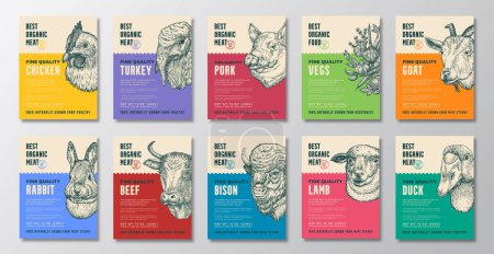 Best Organic Meat, Poultry, Vegetables Vector Packaging Design or Label Templates Set. Farm Grown Food Products Banners Hand Drawn Domestic Animals Silhouette Backgrounds Layout Collection
