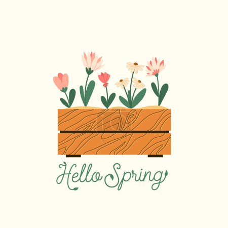Téléchargez les illustrations : Illustration de jardinage maison de printemps. Fleurs vectorielles colorées dans une boîte en bois modèle d'étiquette ou de logo de style plat avec typographie ludique. Isolé - en licence libre de droit