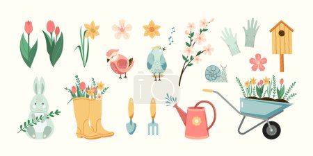Illustration for Spring gardening outdoor illustrations set. Vector plants, flowers, birds and garden tools seasonal flat style collection. Isolated - Royalty Free Image