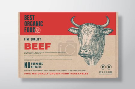 Téléchargez les illustrations : Organic Beef Meat. Vector Food Packaging Label Design on a Craft Cardboard Box Container Modern Typography and Hand Drawn Cow Head Background Layout - en licence libre de droit