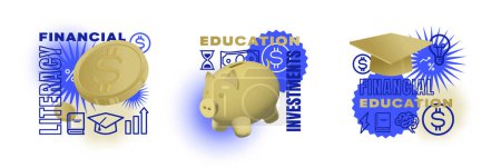 Téléchargez les illustrations : Financial education vector illustrations set. Investment literacy creative concept banners. Finance and money knowledge 3D render style coins, piggy bank collection with outline icons. Isolated - en licence libre de droit