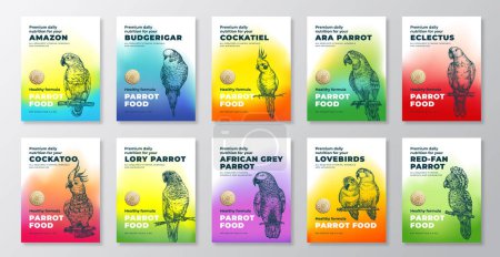 Illustration for Pet Exotic Tropical Bird Food Product Label Templates Set. Abstract Vector Packaging Design Layouts. Modern Typography Banners with Hand Drawn Parrots Illustrations Backgrounds Collection. Isolated - Royalty Free Image