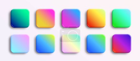 Illustration for App icons glossy backgrounds set. Vector 3D buttons render with neon holographic gradients and realistic soft shadows. Rounded rectangle shapes for web and mobile applications. Isolated - Royalty Free Image