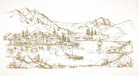 Illustration for Hand Drawn Lake Landscape Vector Illustration. Mountain and lake View with Manor Buildings and yachts Sketch. Hand Drawn lakeview Doodle. Isolated - Royalty Free Image