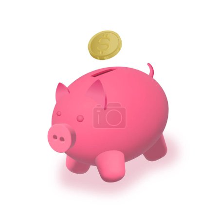 Ilustración de Vector 3d alcancía icono con dólar de oro. Lindo dinero rosa ahorro piggybank rendir con moneda y sombra suave. Aislado - Imagen libre de derechos