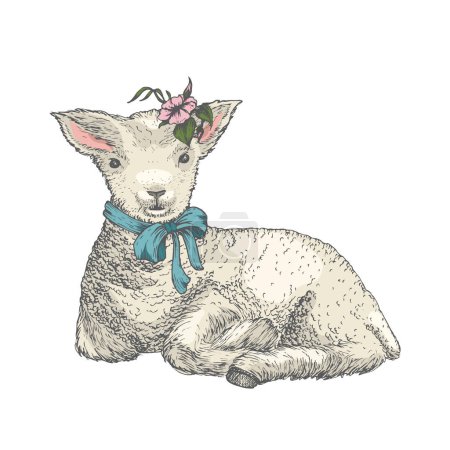 Illustration for Hand Drawn Cute Easter Greetings Lamb with Flowers Vector Illustration. Little Animal with Bunch of Spring Flowers. Holiday Engraving Style Colorful Drawing. Isolated - Royalty Free Image