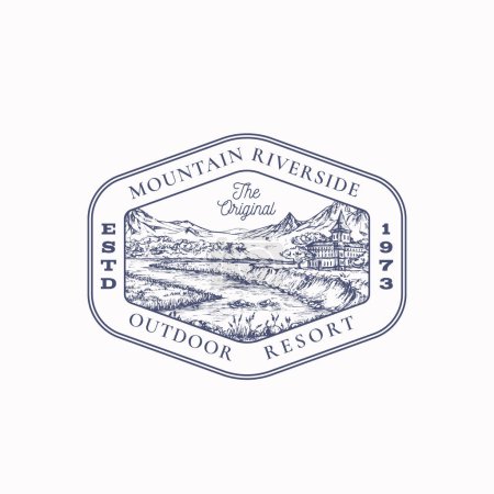 Illustration for Outdoor Recreation Vacation Frame Badge Logo Template. Hand Drawn Mansion Building near River and Mountains Landscape Sketch with Retro Typography and Borders. Vintage Sketch Emblem. Isolated - Royalty Free Image