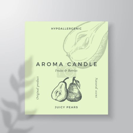 Illustration for Aroma candle vector label template. Pear scent from local purveyors advert design Ink style sketch background layout decor Natural smell product package text space - Royalty Free Image