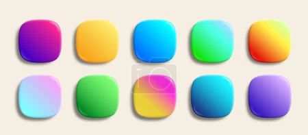 Illustration for Superellipse glossy app icons vector backgrounds collection. 3D squircle buttons with neon holographic gradients and realistic soft shadows. Rounded rectangle shapes for web and mobile applications - Royalty Free Image