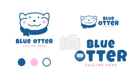 Ilustración de Blue Otter Abstract Vector Sign, Emblem Logo Template. Cute Little Funny Otter Animal Face con bufanda y tipografía lúdica. Diferentes versiones de diseño. Aislado - Imagen libre de derechos
