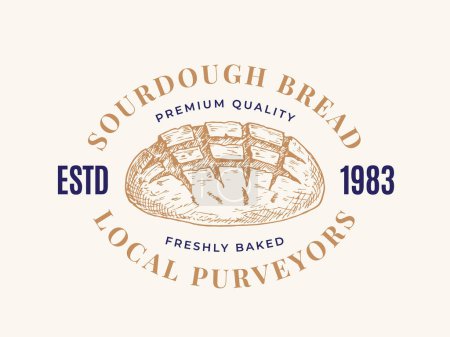 Illustration for Sourdough Bread Bakery Sign, Symbol, Logo Template. Engraving Style Hand Drawn Loaf with Premium Typography. Stylish Vector Emblem Concept. Isolated - Royalty Free Image