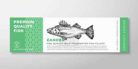Ilustración de Calidad Premium Zander Vector Packaging Label Design Tipografía moderna y silueta de pescado de lucio de agua dulce dibujada a mano. Diseño de fondo del producto de mariscos - Imagen libre de derechos