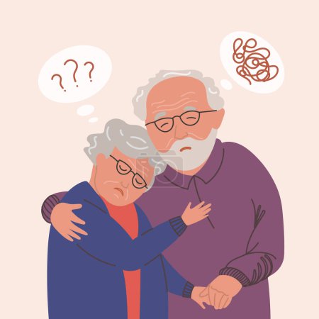 Illustration for Old adult couple anxiety mental health vector illustration. Anxious and confused aged elder lady and man. Grandparents in stress giving hugs. Mature people self care portrait. Isolated - Royalty Free Image
