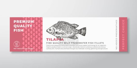 Illustration for Premium Quality Tilapia Vector Packaging Label Design Modern Typography and Hand Drawn Freshwater Fish Silhouette. Seafood Product Background Layout - Royalty Free Image