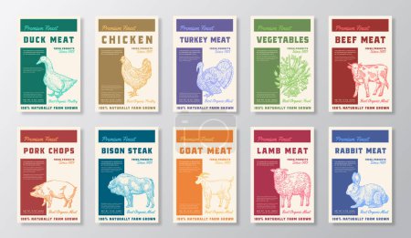 Ilustración de Premium Finest Meat, Poultry and Vegetables Vector Packaging Product Label Design Collection. Tipografía retro y animales domésticos dibujados a mano y vegetales boceto siluetas fondo diseños conjunto - Imagen libre de derechos