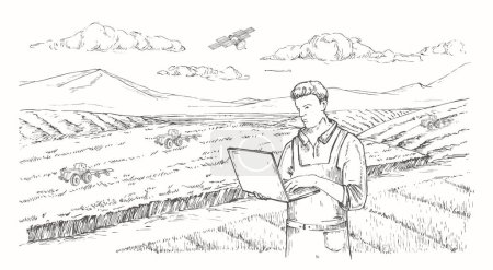 Illustration for Precision Agriculture Vector Illustration. Hand Drawn Farmer with Laptop Operating Tractors with Satellite Engraving Style Drawing. Modern Automated Crop Production Doodle Isolated - Royalty Free Image