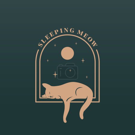 Illustration for Sleeping cat abstract vector logo template. Laying cat silhouette on the night arch window with moon and stars in the sky background. Isolated - Royalty Free Image