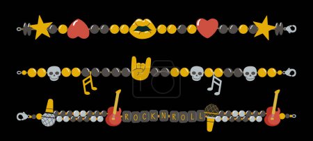 Illustration for Abstract vector plastic beads colorful kids bracelets illustration set. Rock N Roll old school 90s cartoon style wristbands collection with guitars, microphone, stars and devil horns symbols. Isolated - Royalty Free Image