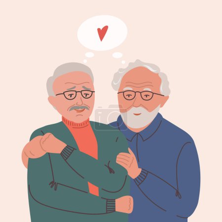 Ilustración de Viejo adulto pareja gay salud mental recuperación vector ilustración. Alivio psíquico anciano anciano LGBTQ hombres en una calma y amor dando abrazos. Retrato del cuidado personal de las personas maduras. Aislado - Imagen libre de derechos