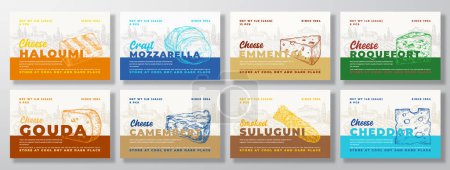 Photo for Cheese Dairy Food Label Templates Set. Abstract Vector Packaging Design Layouts Bundle. Modern Typography Banners with Hand Drawn Cheese Pieces Illustrations and Rural Landscape Background. Isolated - Royalty Free Image