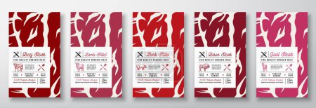 Illustration for Meat Texture Abstract Vector Product Labels Set. Food Packaging Design Templates Collection. Modern Typography and Hand Drawn Cow, Sheep, Pig, Bison and Goat Silhouettes Background Layouts. Isolated - Royalty Free Image