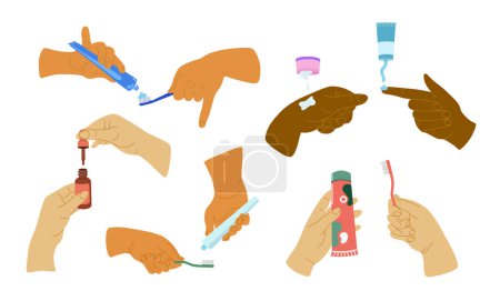 Illustration for People hands doing morning routine close up vector illustrations set. Palms applying nourishing cream, lotion, serum and toothpaste on toothbrush flat style drawings collection. Isolated - Royalty Free Image